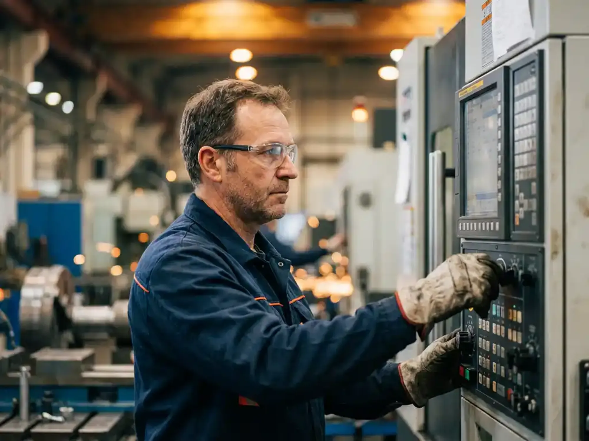 Machinist met veiligheidsbril past precisie-instellingen aan op industriële CNC-machine in moderne fabriek