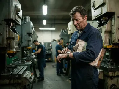 Wat verdient een technische dienst medewerker met ploegentoeslag? Industriële arbeider in marineblauwe overall controleert horloge naast zware fabrieksmachines op betonnen vloer