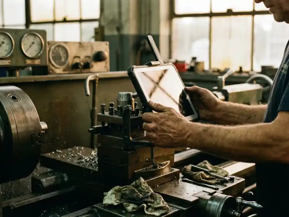 Is technische dienst toekomstbestendig? Industriële werker bedient digitale tablet op zware productiemachine met traditionele meters op achtergrond