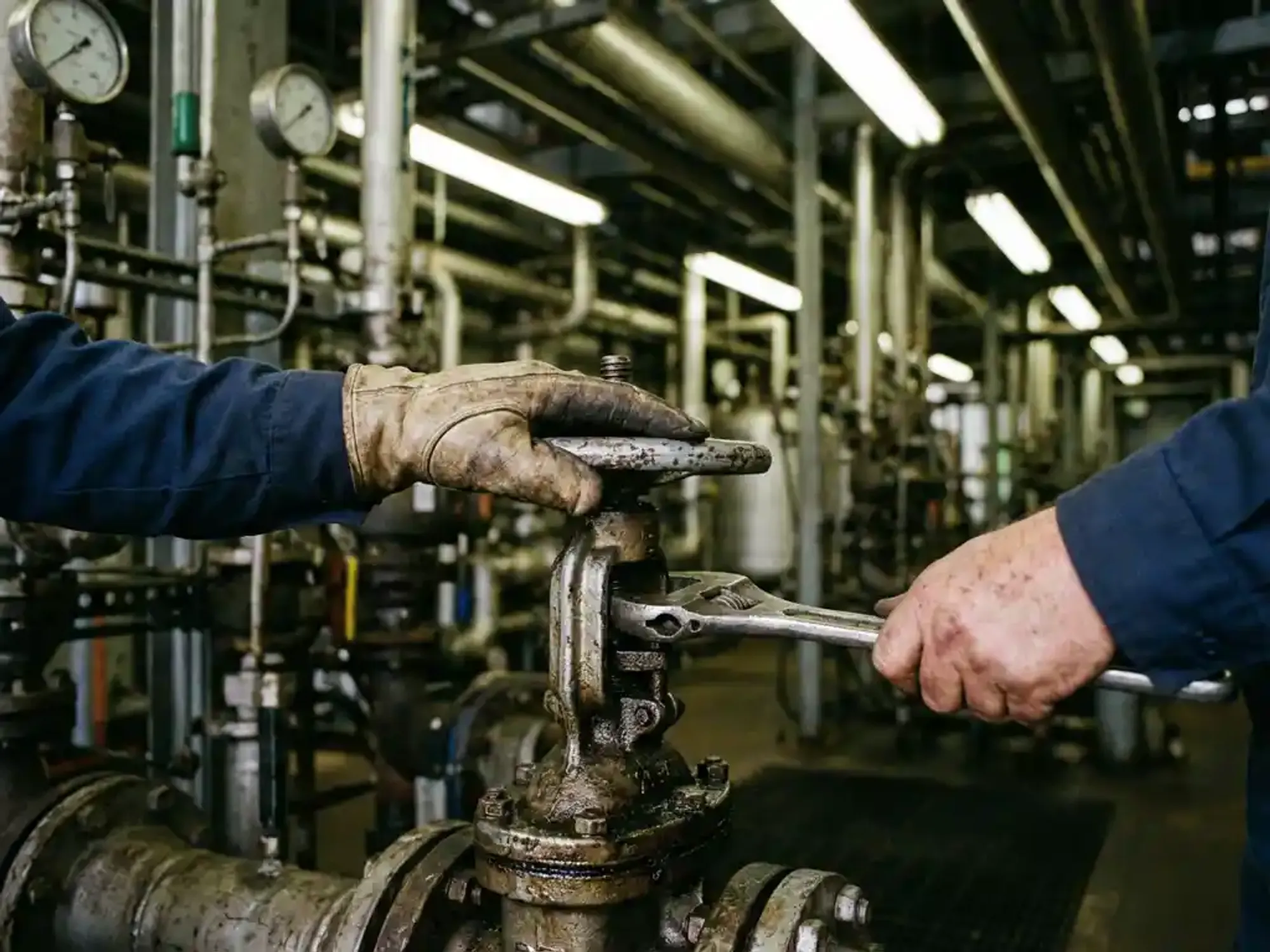 Onderhoudstechnicus past industriële klep aan met moersleutel in fabriek met stalen leidingen en meters