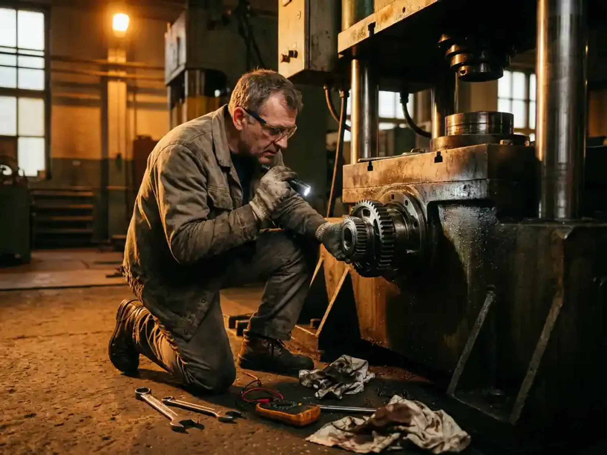 Ingenieur onderzoekt industriële machine met zaklamp in fabriek, gereedschap op betonnen vloer