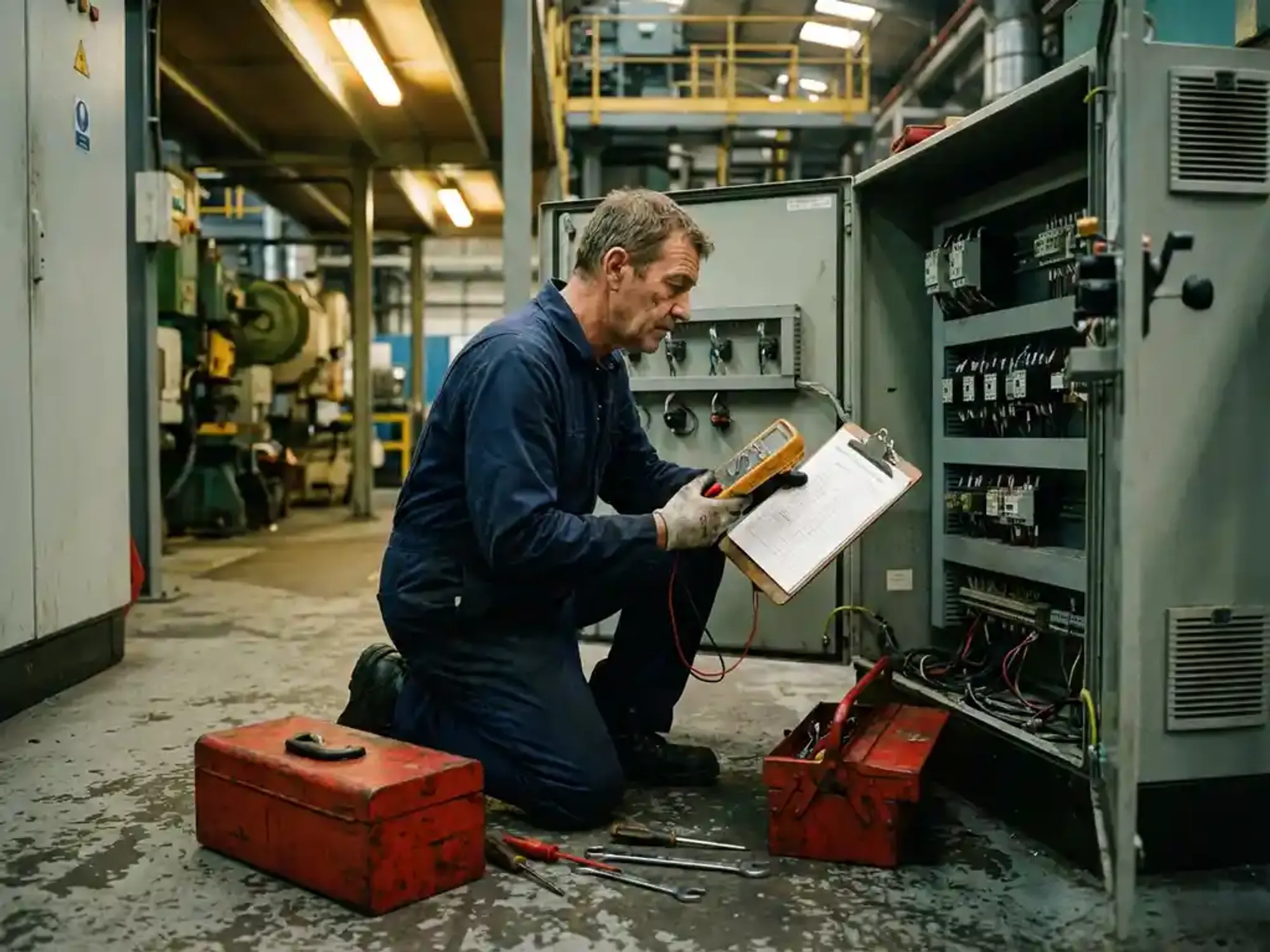 Ervaren technicus in blauwe overall controleert industrieel bedieningspaneel met multimeter en onderhoudslijst