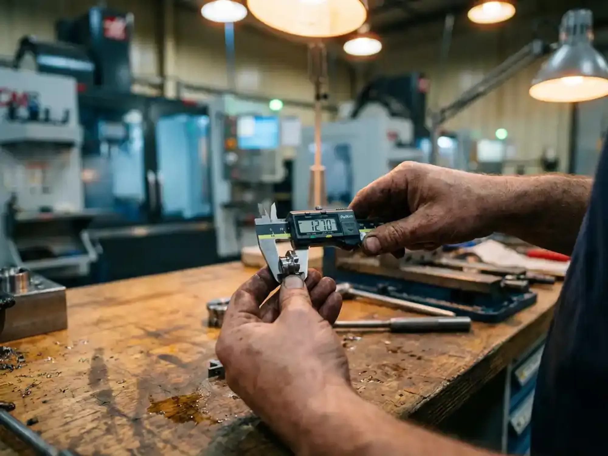 Machinist meet digitale schuifmaat nauwkeurig metalen onderdeel in werkplaats met CNC-machines op achtergrond