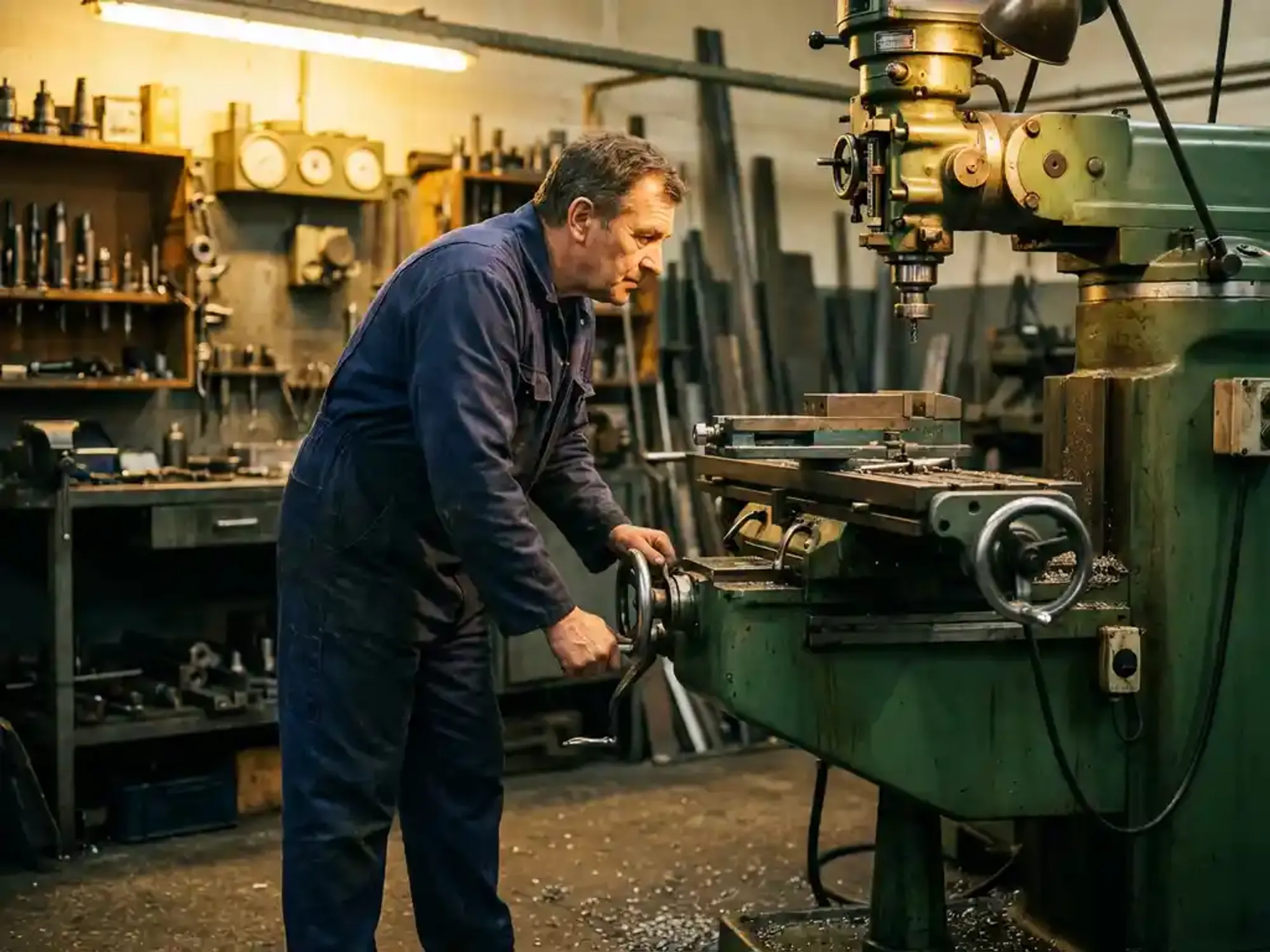 Machinist in blauwe overall stelt industriële freesmachine bij in werkplaats met precisie-instrumenten