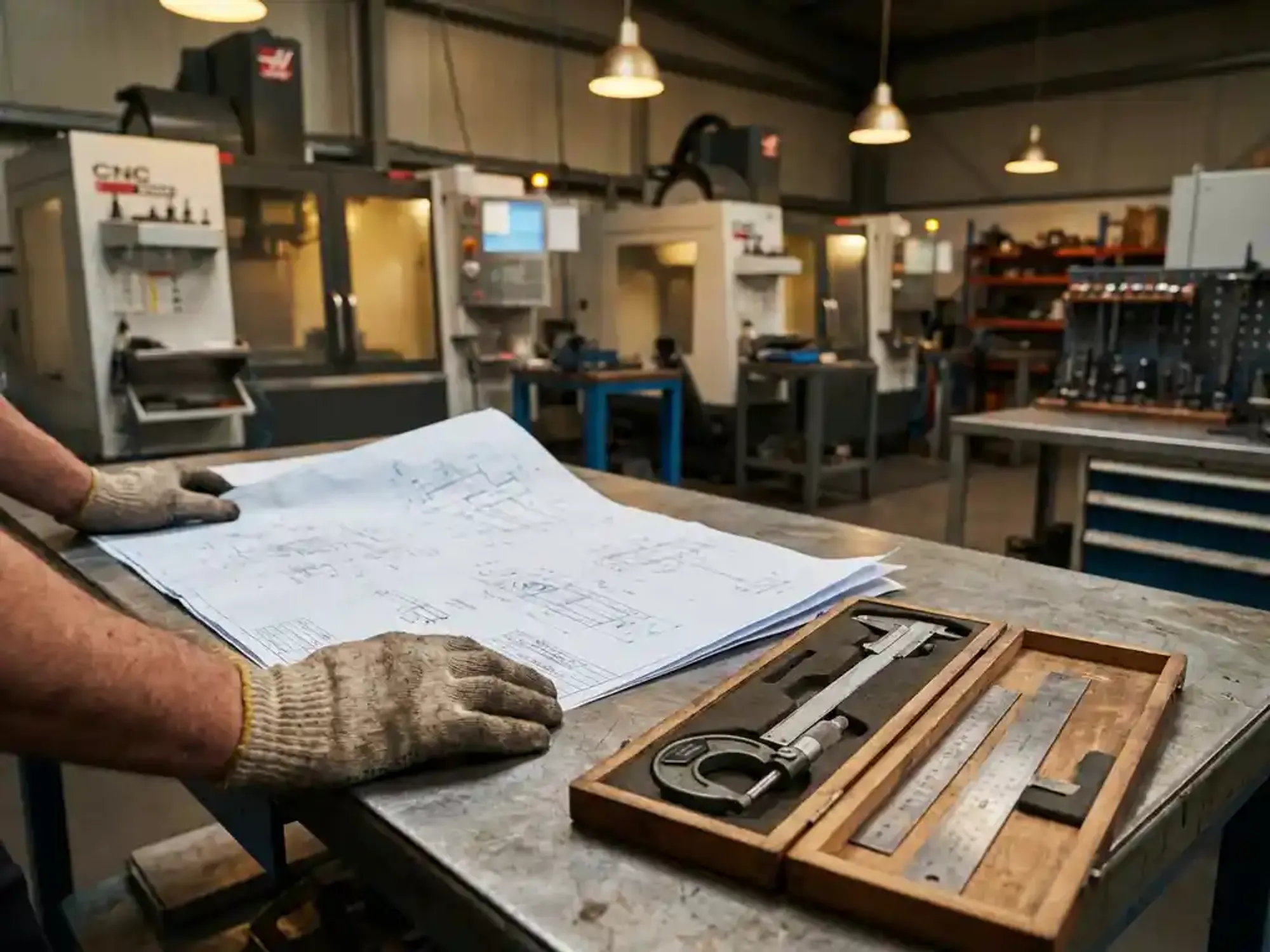 Machinistenhanden bestuderen technische tekening op metalen werkbank met precisie-meetgereedschap en CNC-machines op achtergrond