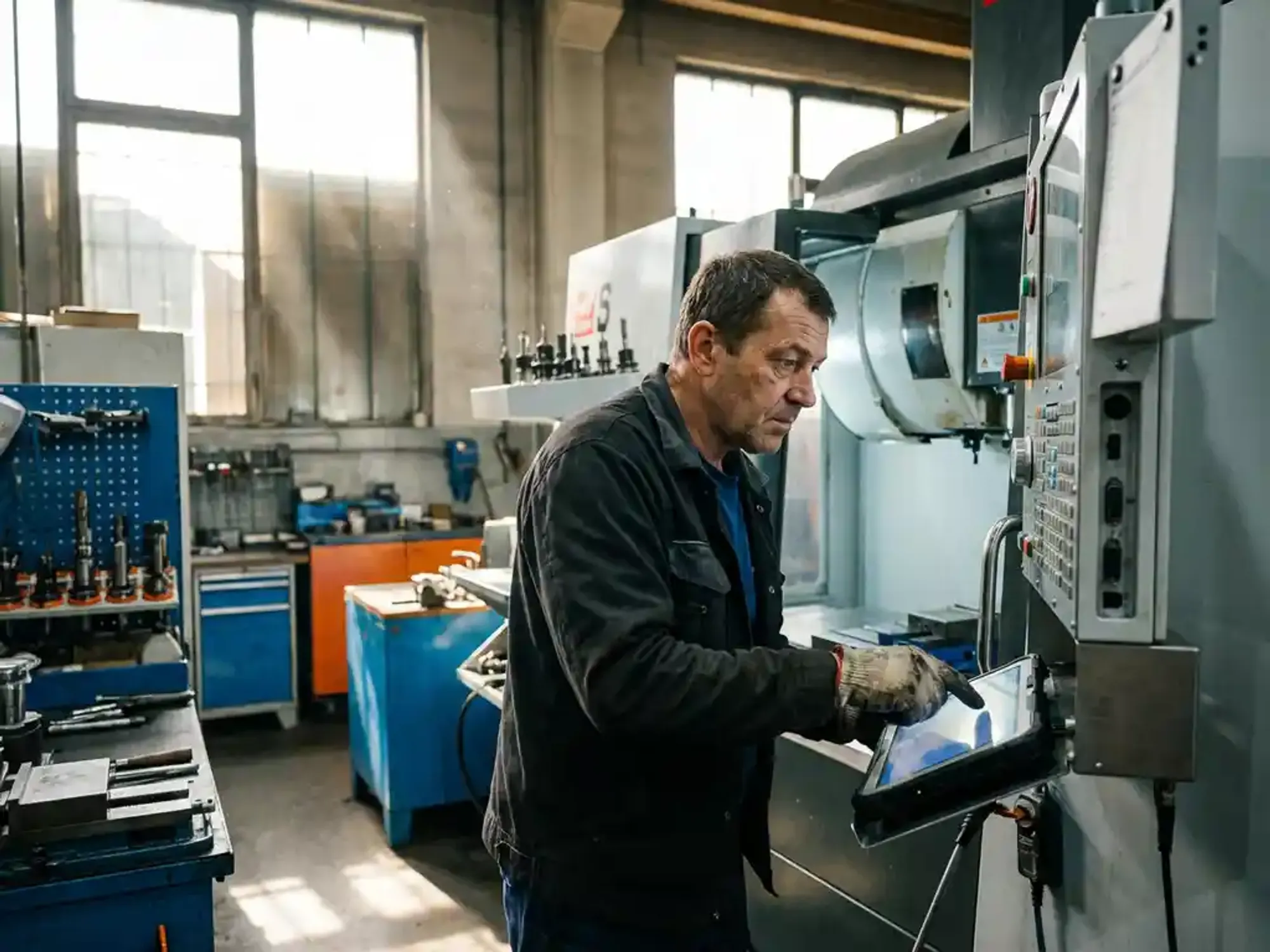 Machinebouwmonteur bedient CNC-machine met digitale tablet in moderne industriële werkplaats met natuurlijk licht