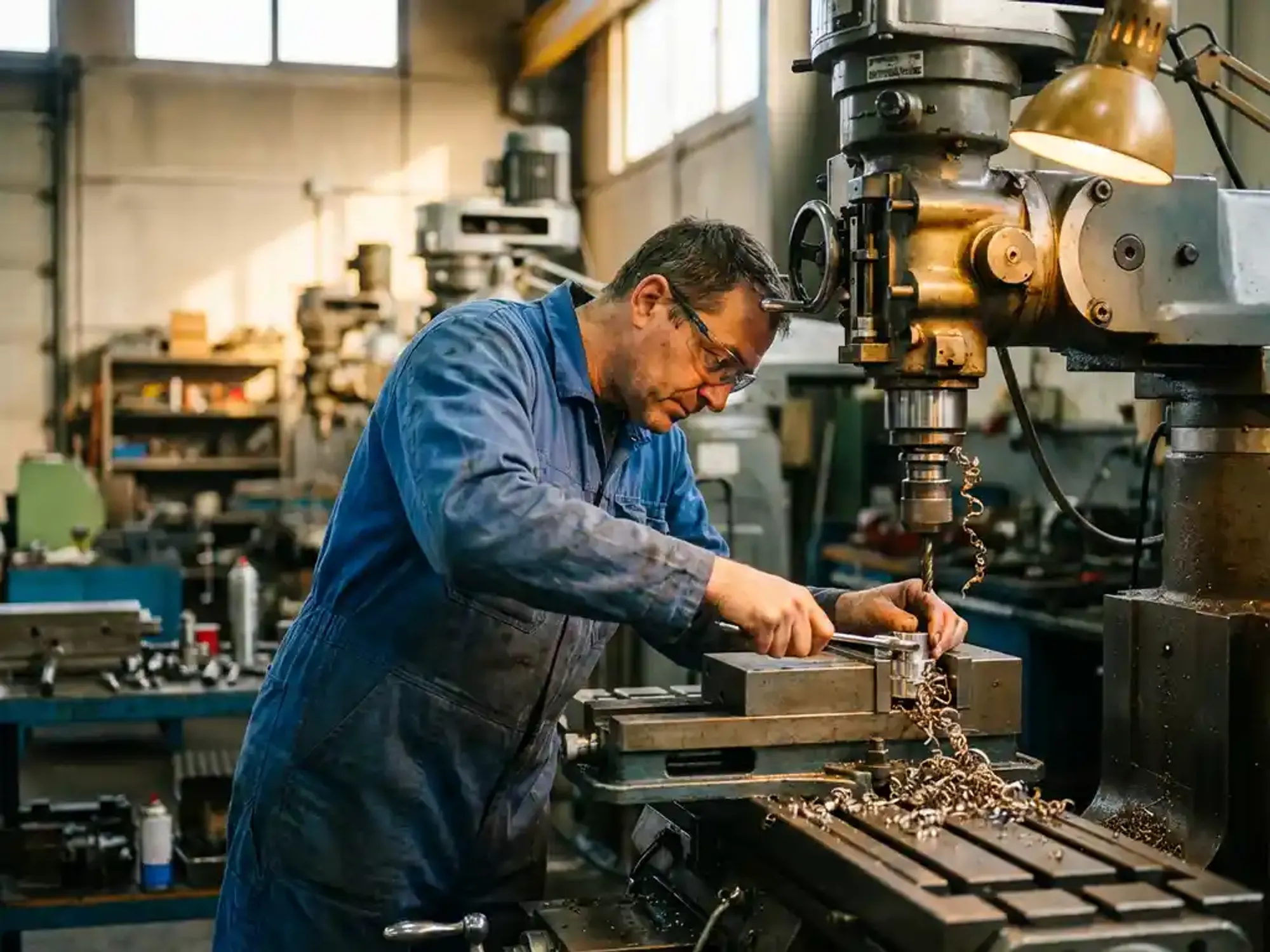 Machinist in blauwe overall stelt precisiecomponenten af op industriële CNC-machine in werkplaats met warme verlichting