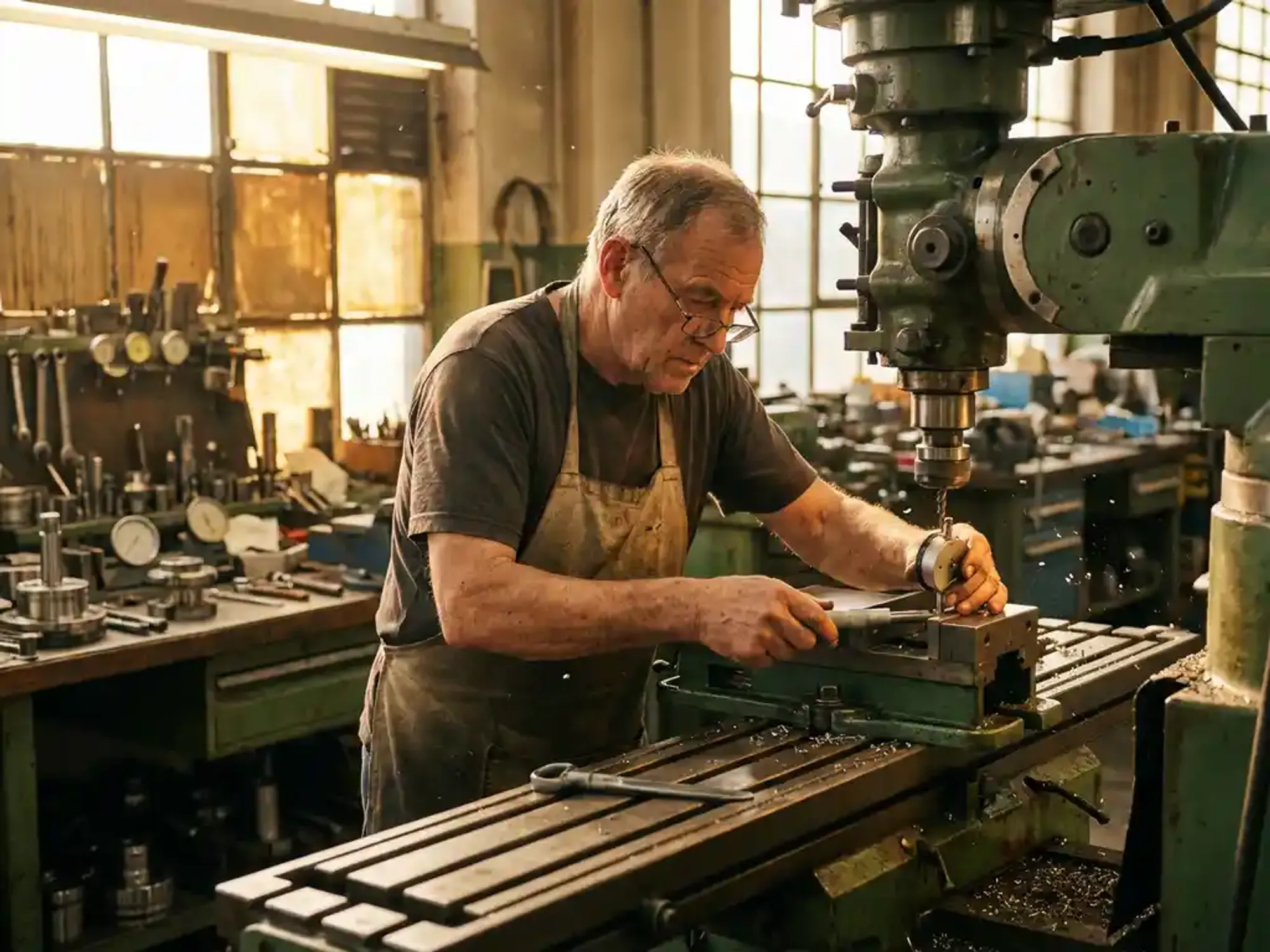 Machinist stelt industriële freesmachine bij met precisie-instrumenten, metaalspanen vangen gouden werkplaatslicht op