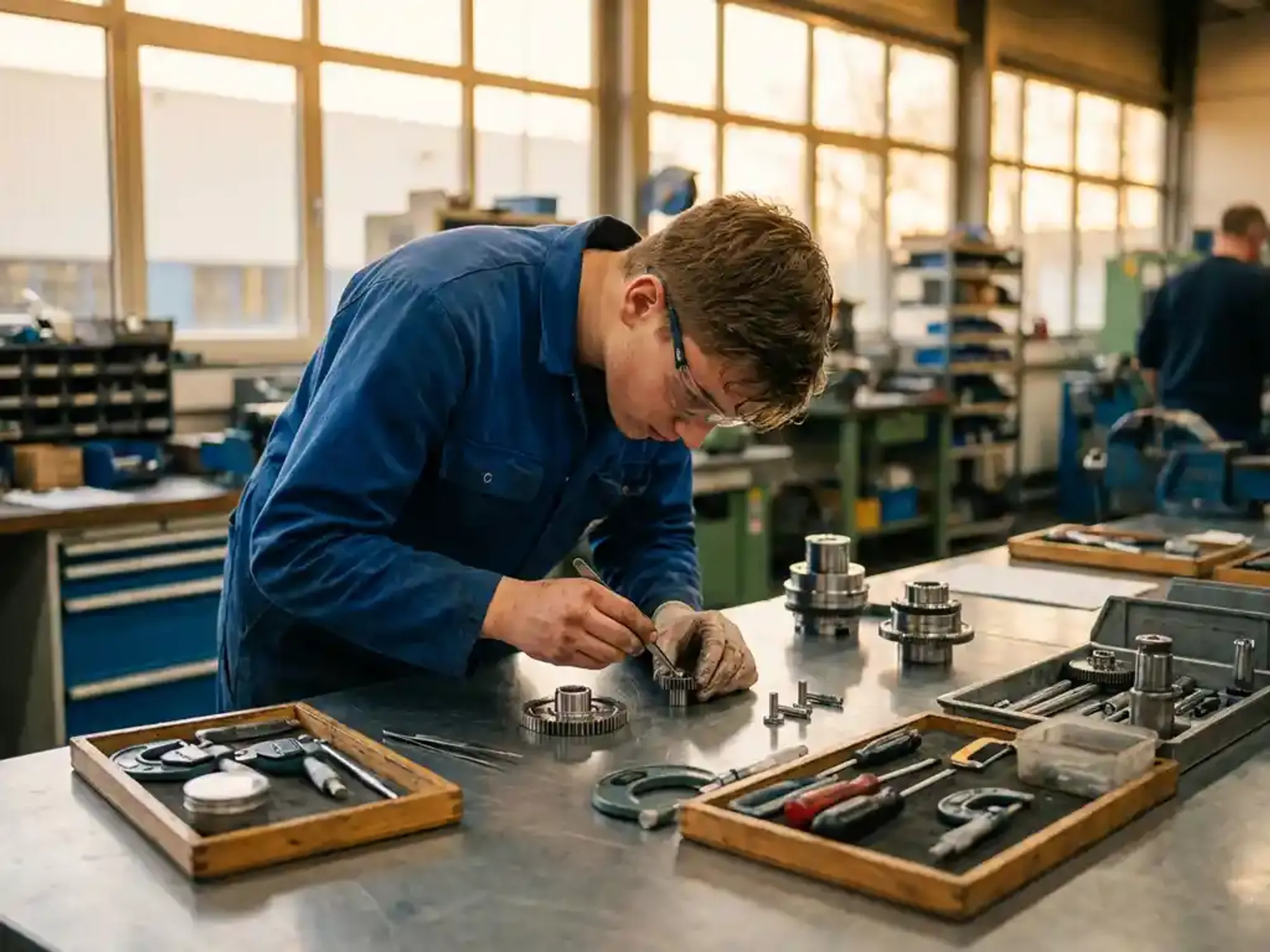 MBO-student assembleert precisie metalen onderdelen aan moderne werkbank, draagt veiligheidsbril en blauwe werkoverall