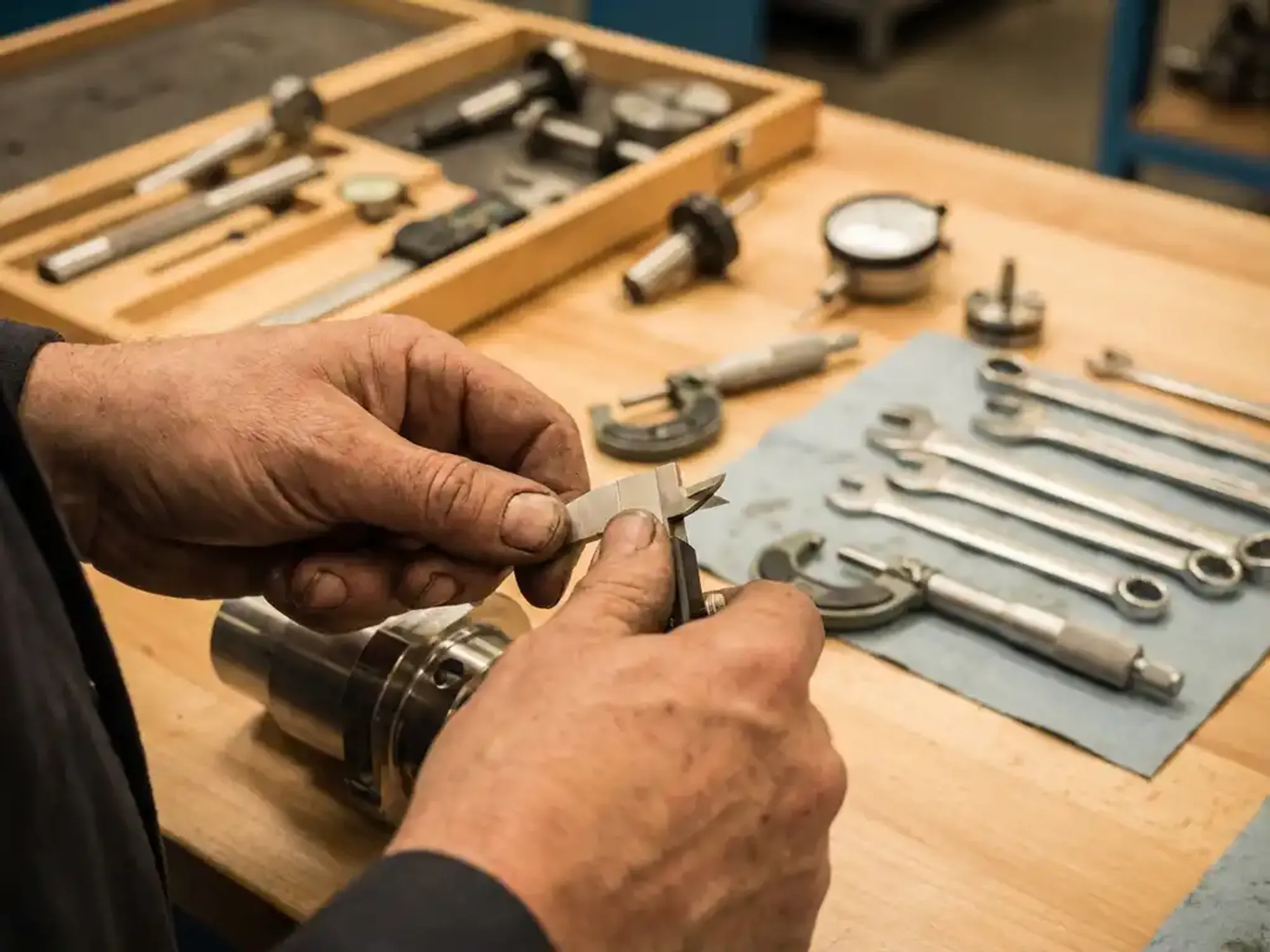 Verweerde handen van machinist die precisie schuifmaat gebruikt om metalen onderdeel te meten op werkbank met gereedschap