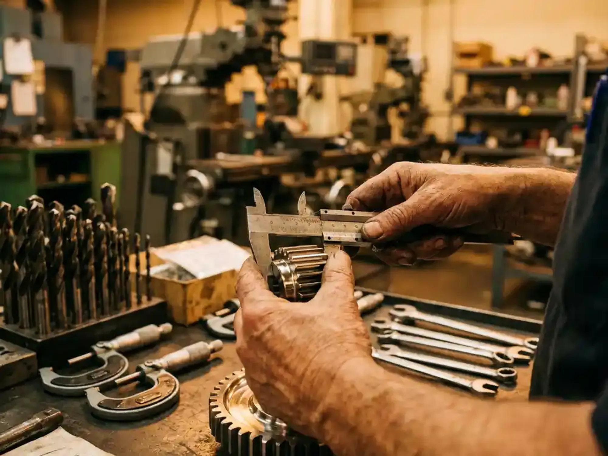 Ervaren handen van machinist gebruiken precisie schuifmaat om metalen onderdeel te meten op georganiseerde werkbank