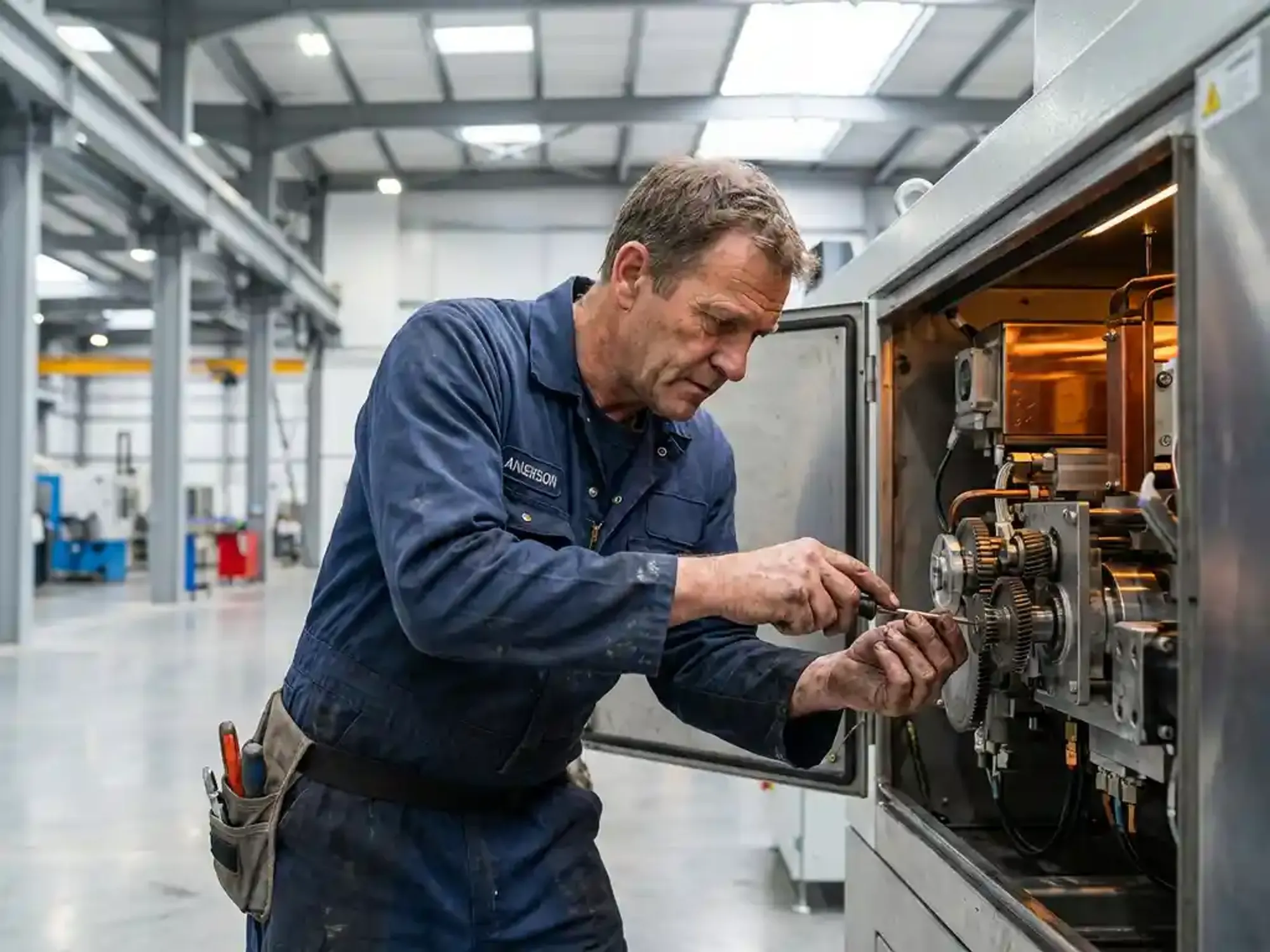 Servicetechnicus in donkerblauwe overall past precisieonderdelen aan in open industriële machinepaneel in moderne fabriek