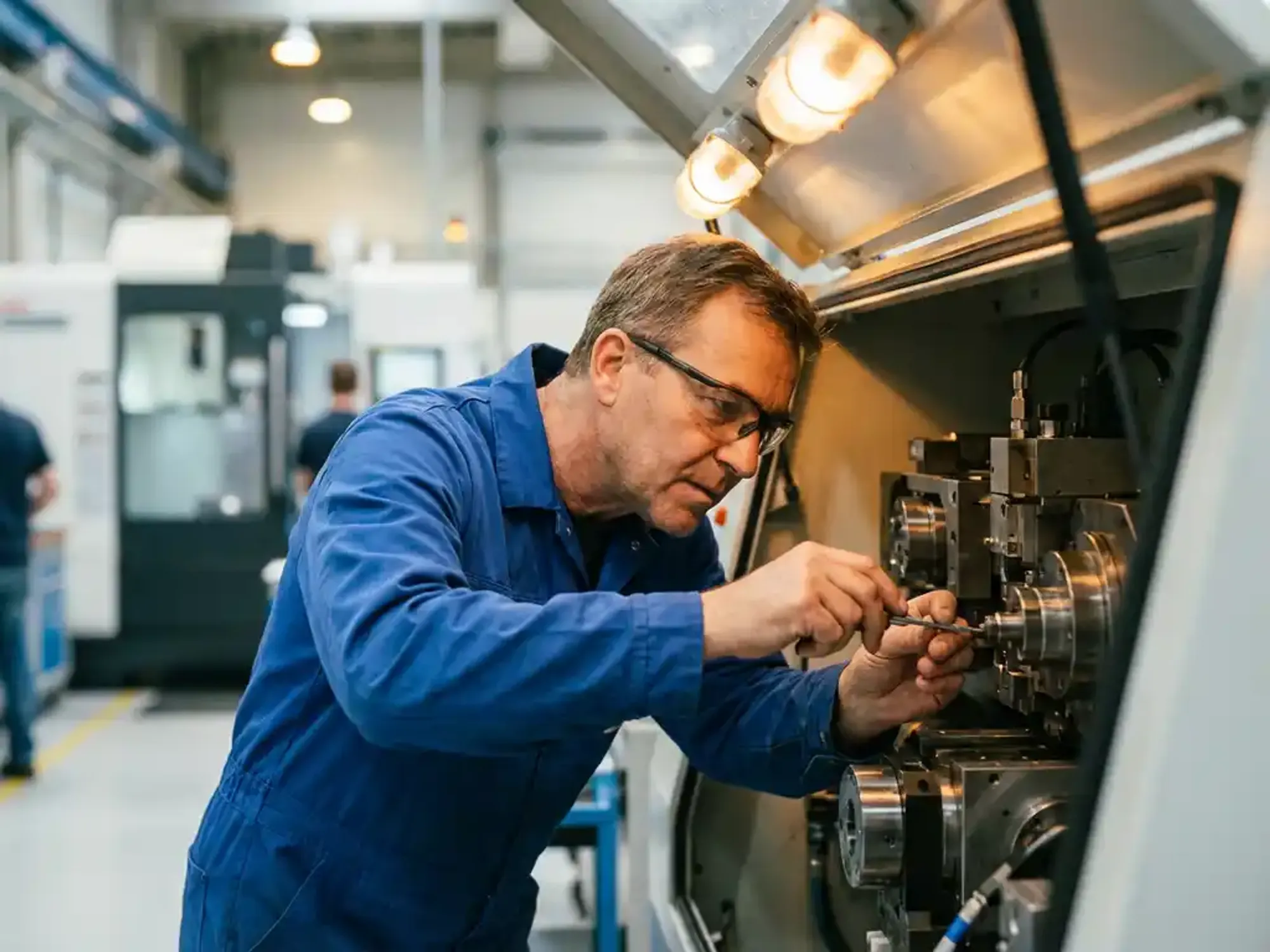 Servicetechnicus in blauwe overall stelt precisiecomponenten af in geopende industriële machine op moderne productievloer
