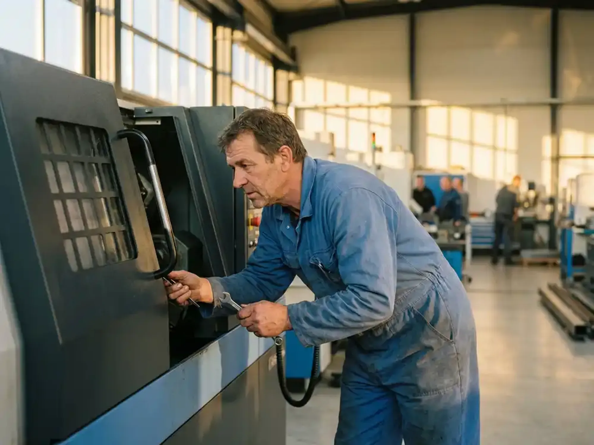 Servicetechnicus in blauwe overall past precisieonderdelen aan in industriële machine in moderne productiefaciliteit