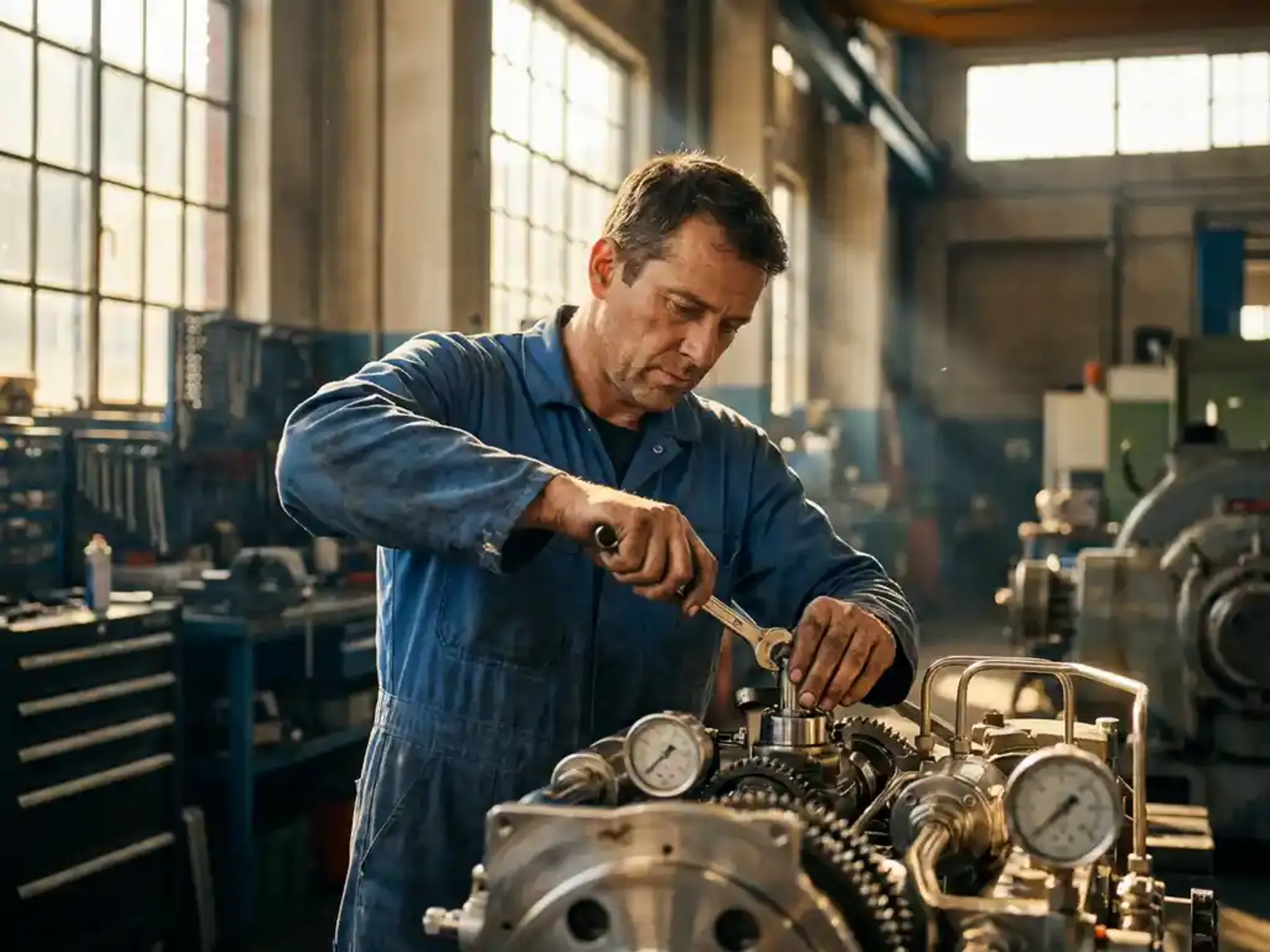 Servicetechnicus in blauwe overall past precisiemachines aan met gespecialiseerd gereedschap in goed verlichte industriële werkplaats