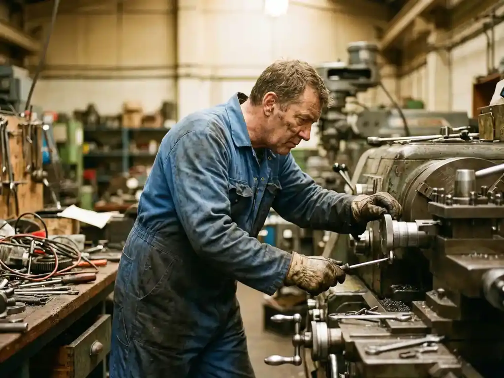 Ervaren technicus past precisiemachines aan in industriële werkplaats met professionele gereedschappen
