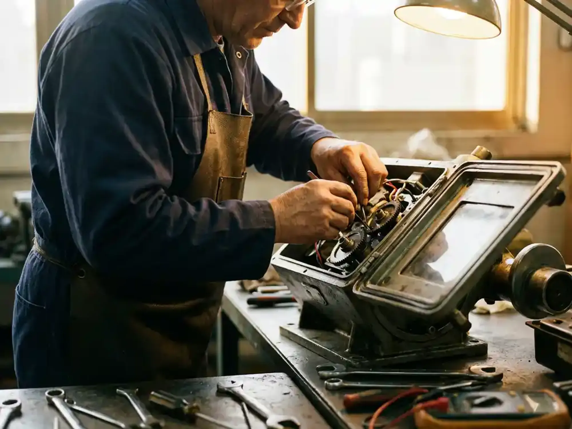 Servicetechnicus in blauwe overall past precisieonderdelen aan in geopende industriële machine op werkbank