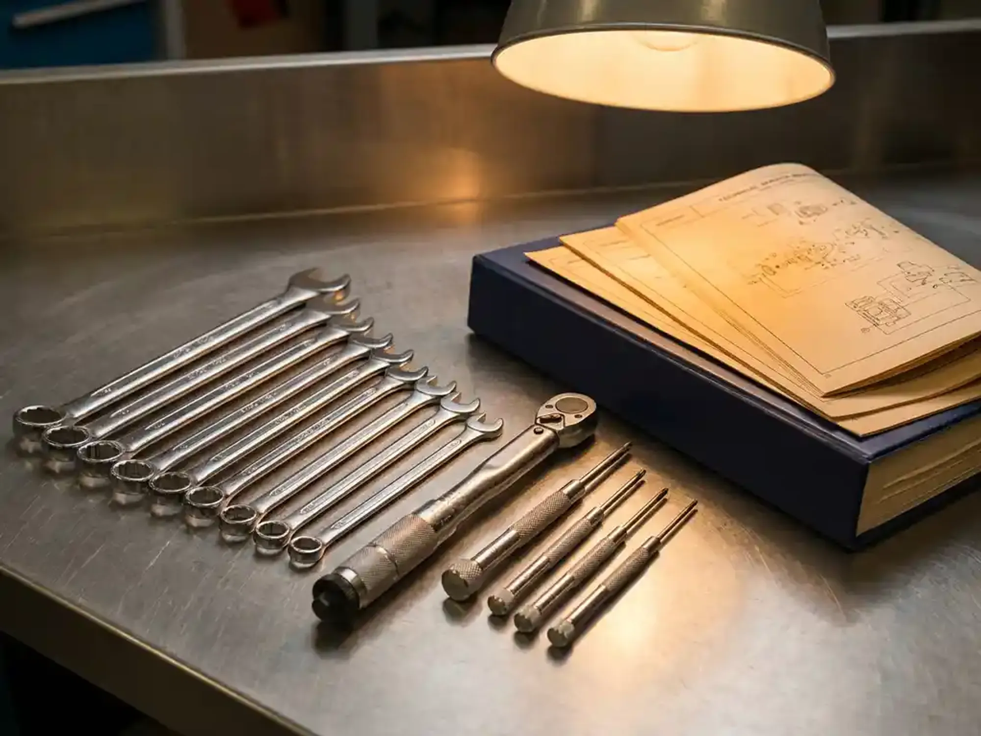 Gepolijste sleutels, momentsleutel en precisie schroevendraaiers netjes gerangschikt op stalen werkblad naast technisch servicehandboek.